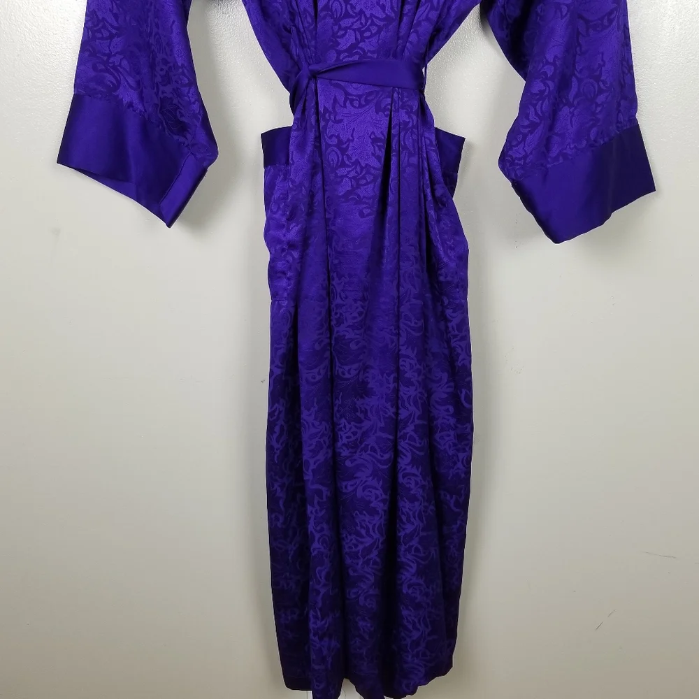 VINTAGE VICTORIA’S SECRET Gold Label Long Satin Robe Waist Tie Royal Purple US M